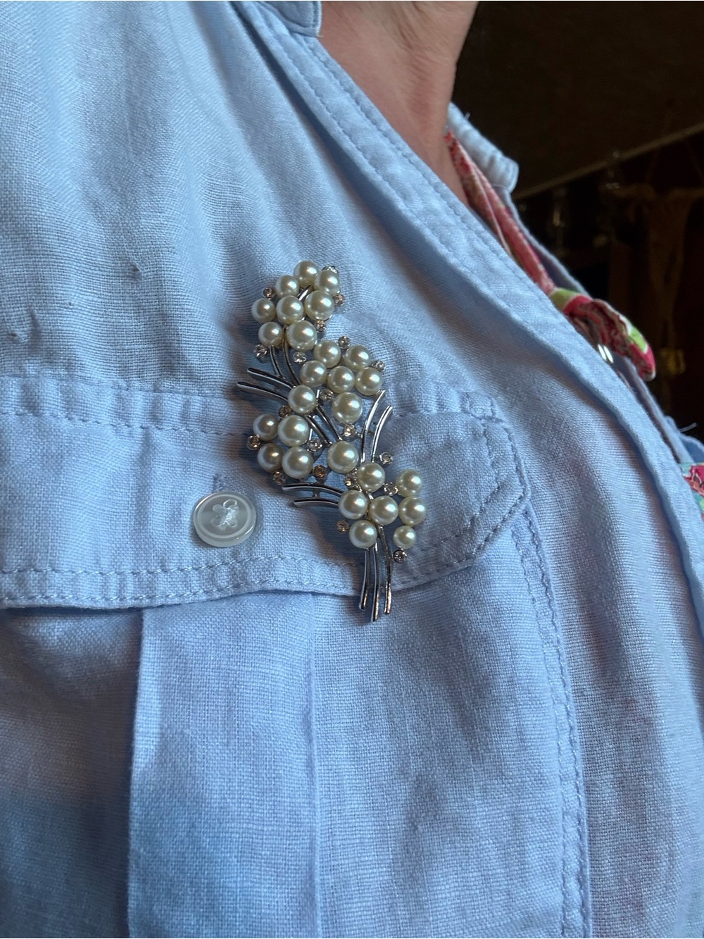 Vintage Faux Pearl Rhinestone Floral Spray Brooch Silver Tone 3”